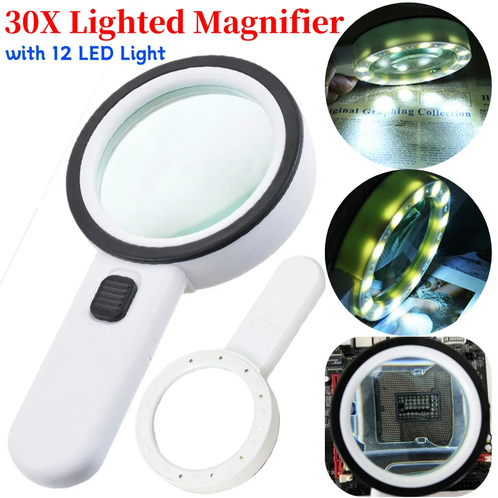 Loupe éclairante 30X & Double Lentille – Loupe de Lecture Portative 12 LED, Lecture Livres/Journaux/Cartes, Plastique & LED, Manuelle