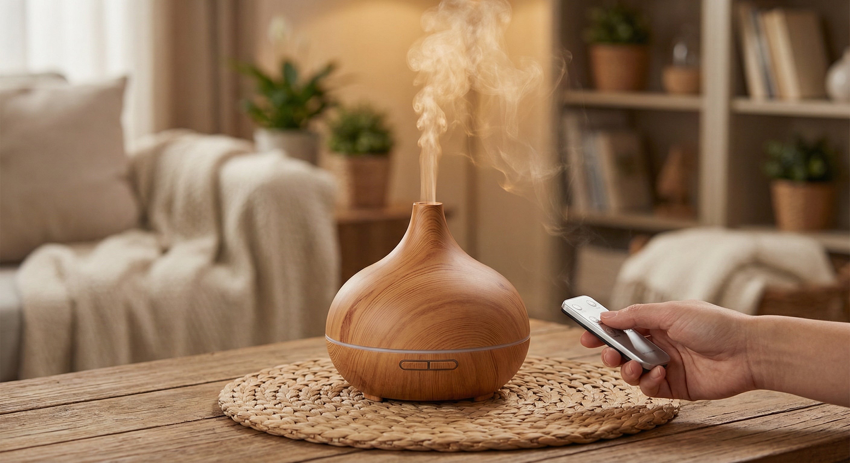 Diffuseur d'arômes 500ml Bois & Ultrason – Humidificateur d'air huiles essentielles 7 couleurs, silencieux, télécommande & minuteur pour maison