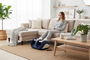 Femme se relaxant sur un canapé avec l'appareil bleu