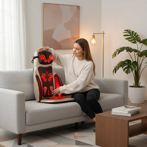 Masseur de dos avec chaleur & pétrissage – Coussin de siège Shiatsu portable Beige/Noir Électrique, 3 modes de Vibration & 3 Intensités, 48W