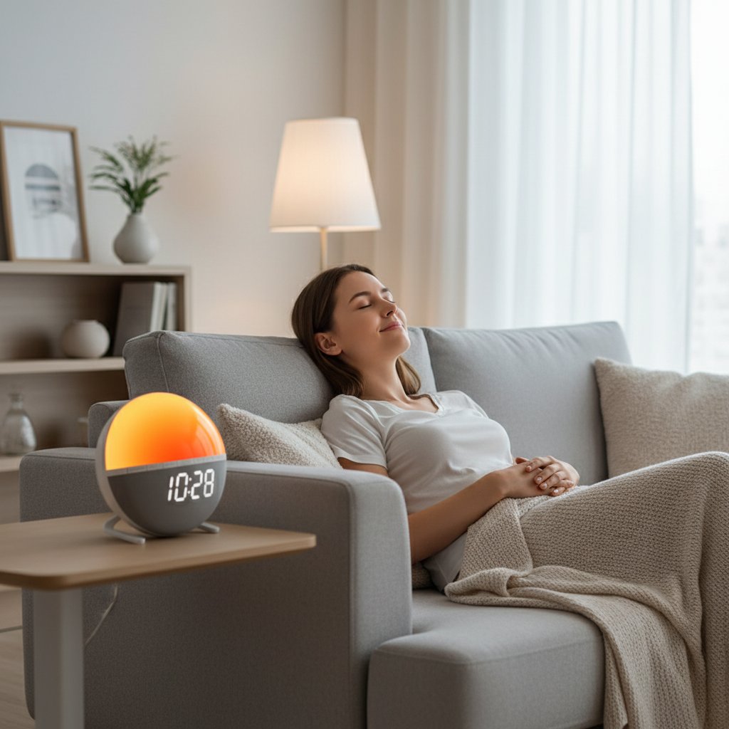 Réveil Lumière Sunrise Simulateur & Sons Naturels – Lampe Chevet Digitale Chambre Maison Décor, Luminosité Réglable & Snooze, LED