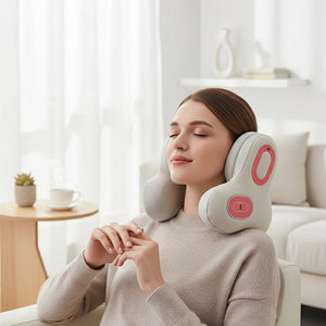 Coussin masseur cervical Voyage & Chauffant – Oreiller Nuque Mousse Mémoire de Forme Bluetooth, Anti-Bruit & Vibration, Batterie 1500mAh