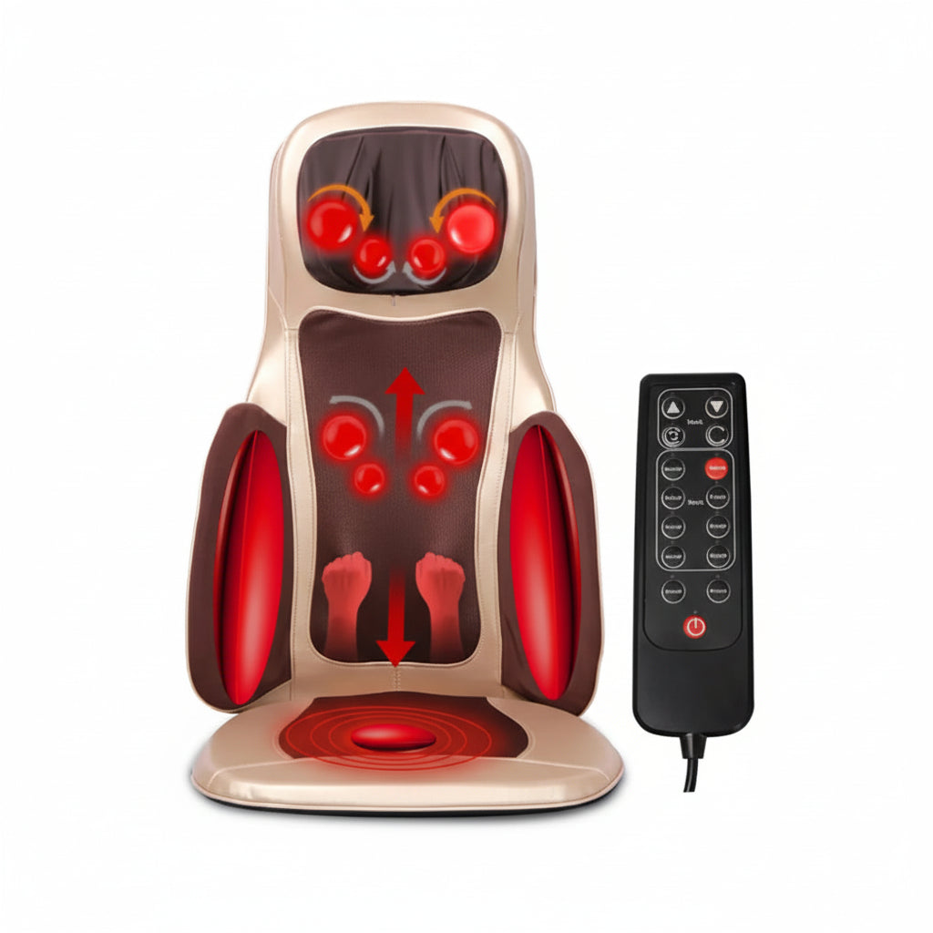 Masseur de dos avec chaleur & pétrissage – Coussin de siège Shiatsu portable Beige/Noir Électrique, 3 modes de Vibration & 3 Intensités, 48W