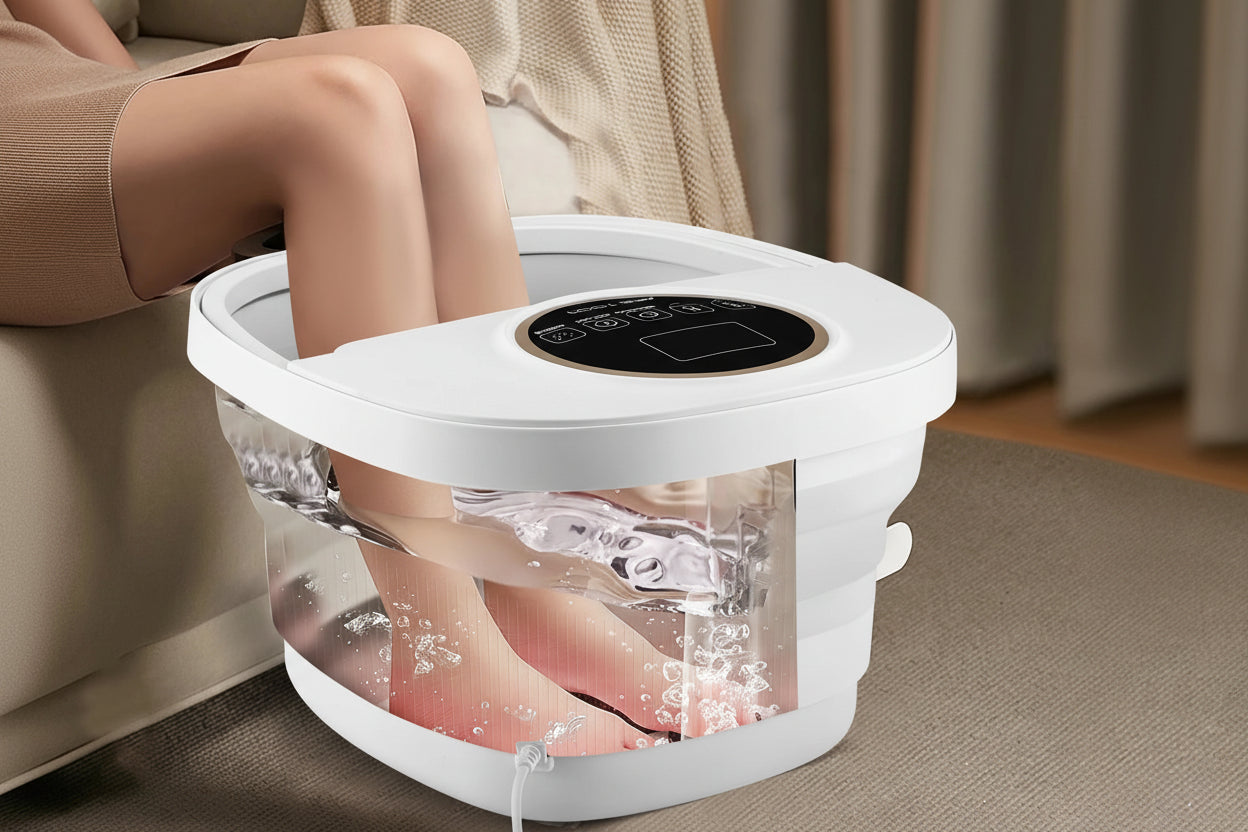 Bain de pied masseur électrique chauffant & vibrant – Pédicure relaxante, zones réflexes, minuterie & 16 rouleaux Shiatsu, pliable