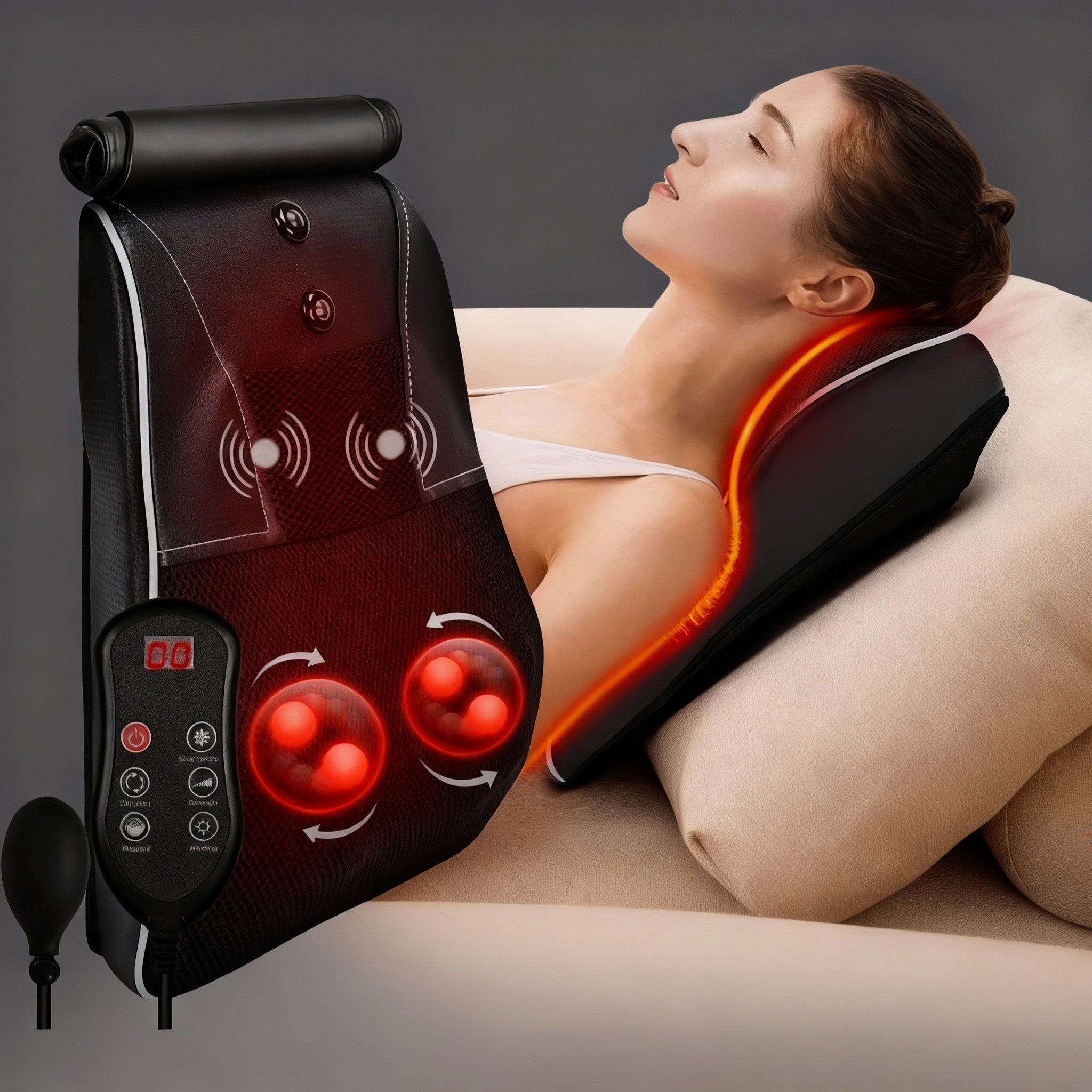 Coussin masseur cervical Shiatsu & électrique – Oreiller de massage vibrant chauffant pour cou, dos, épaules, jambes & corps entier