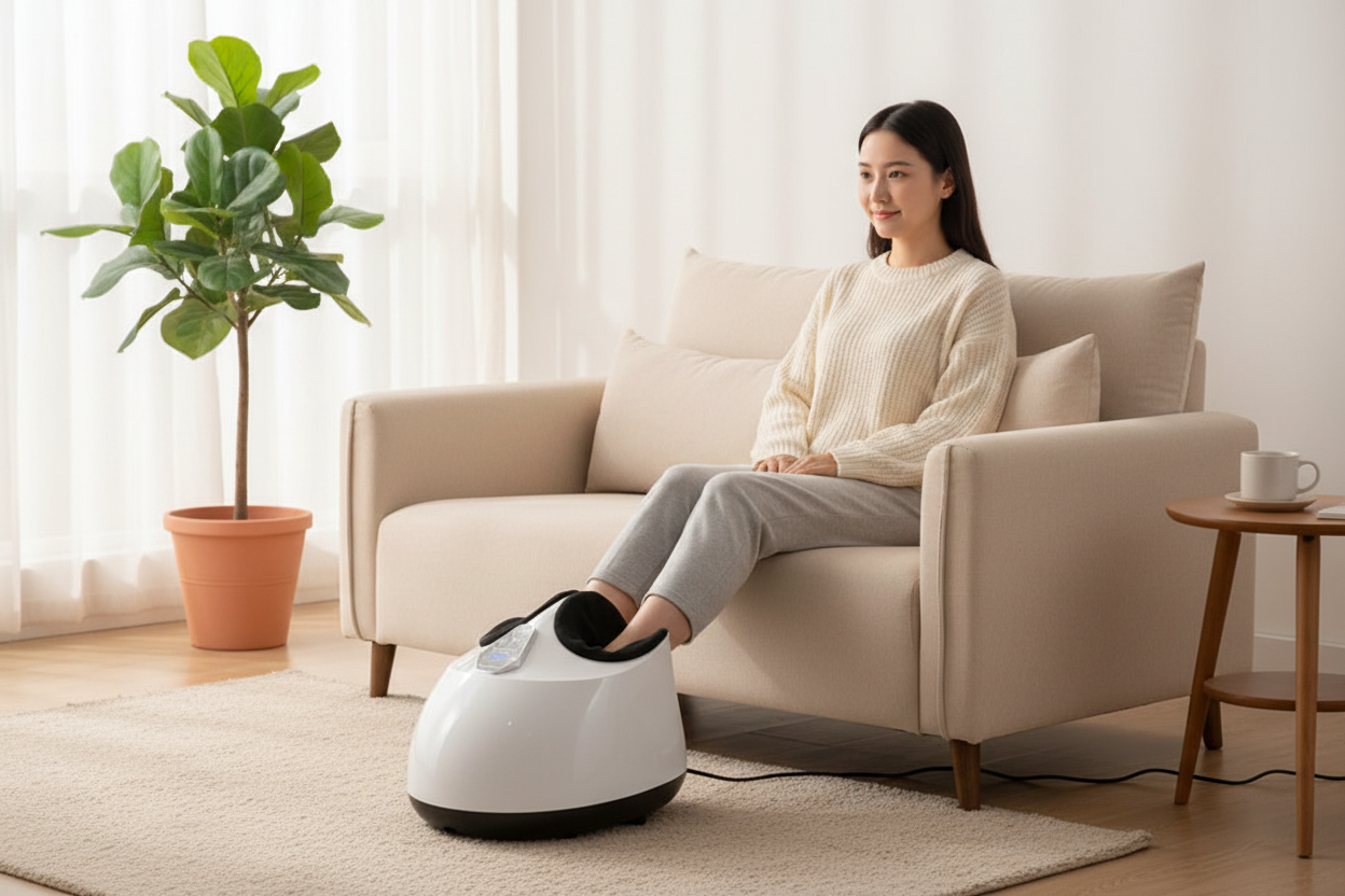 Femme se relaxant sur un canapé avec l'appareil blanc