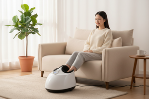 Femme se relaxant sur un canapé avec l'appareil blanc