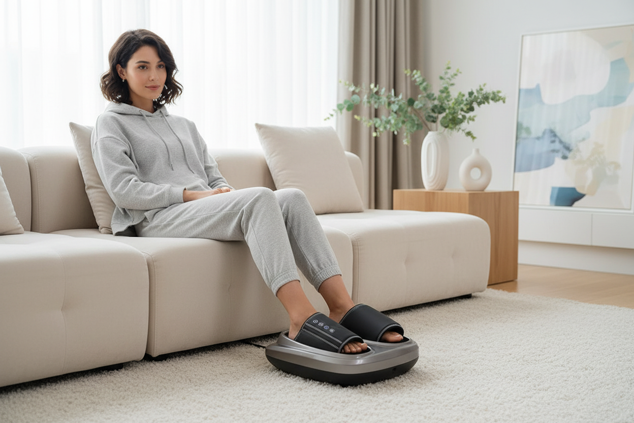 Femme sur canapé avec pieds insérés correctement