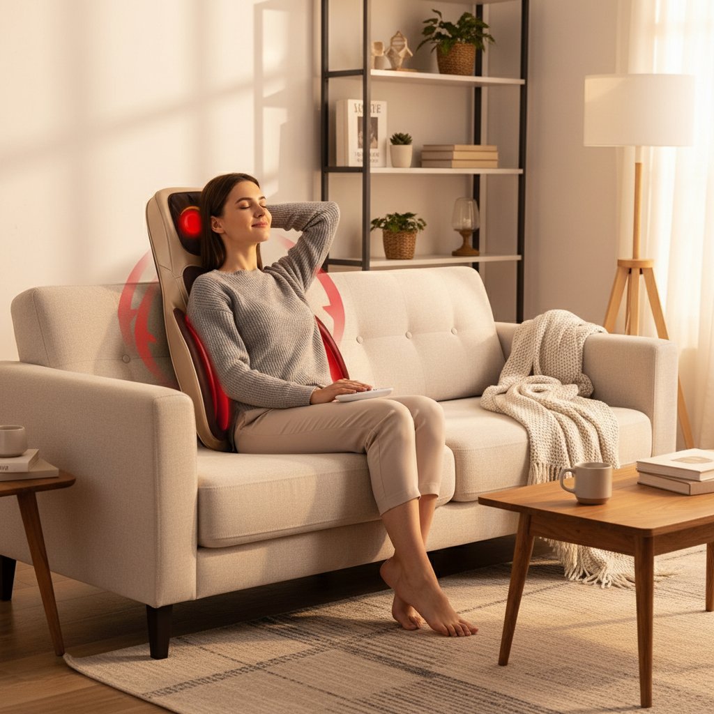 Masseur de dos avec chaleur & pétrissage – Coussin de siège Shiatsu portable Beige/Noir Électrique, 3 modes de Vibration & 3 Intensités, 48W