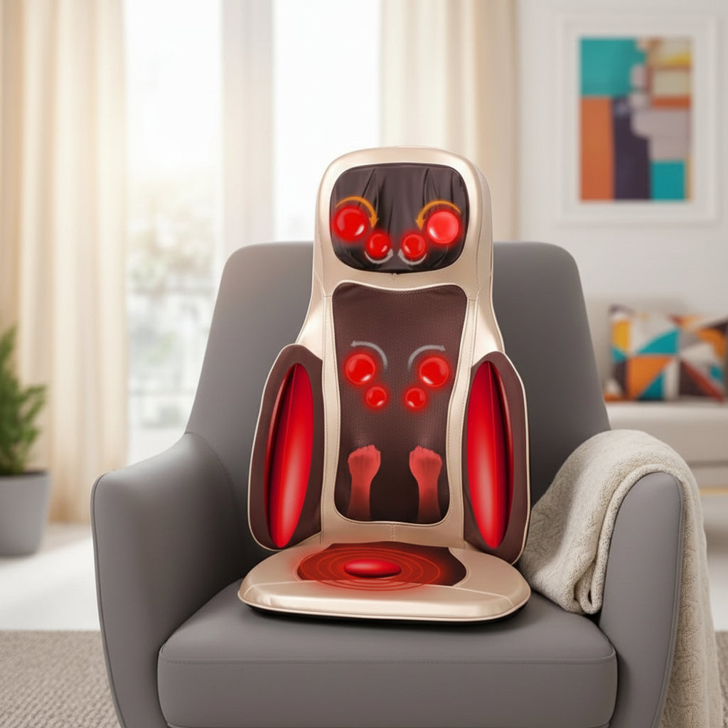 Masseur de dos avec chaleur & pétrissage – Coussin de siège Shiatsu portable Beige/Noir Électrique, 3 modes de Vibration & 3 Intensités, 48W